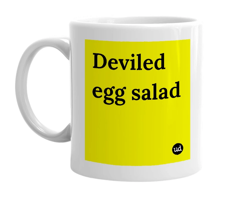 White mug with 'Deviled egg salad' in bold black letters