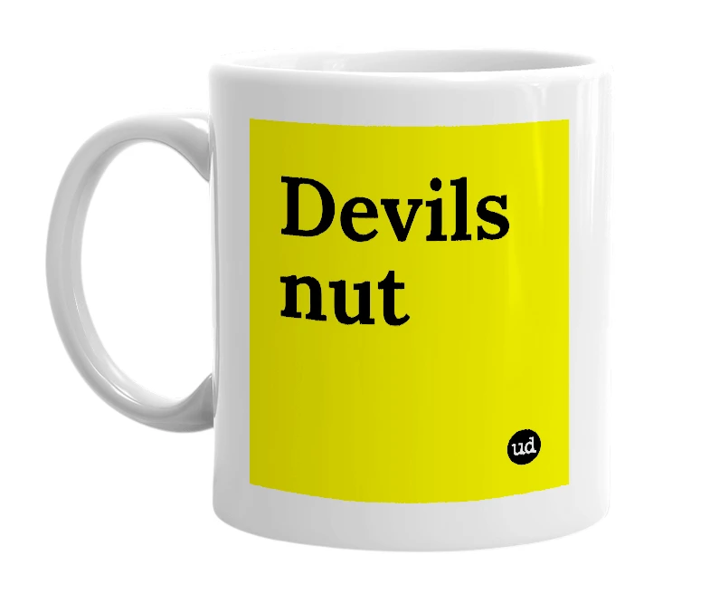 White mug with 'Devils nut' in bold black letters