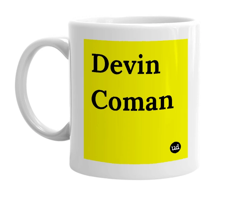 White mug with 'Devin Coman' in bold black letters