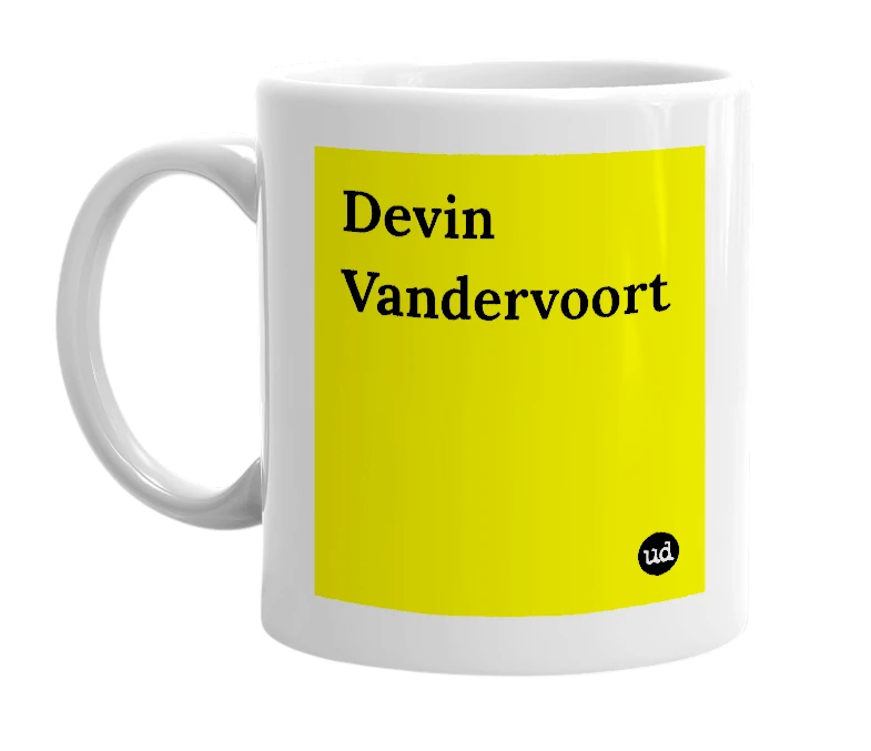 White mug with 'Devin Vandervoort' in bold black letters