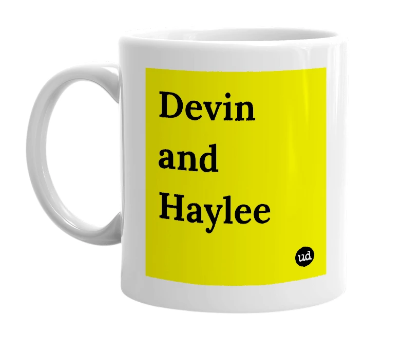 White mug with 'Devin and Haylee' in bold black letters