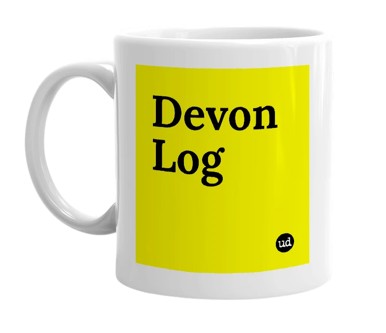 White mug with 'Devon Log' in bold black letters