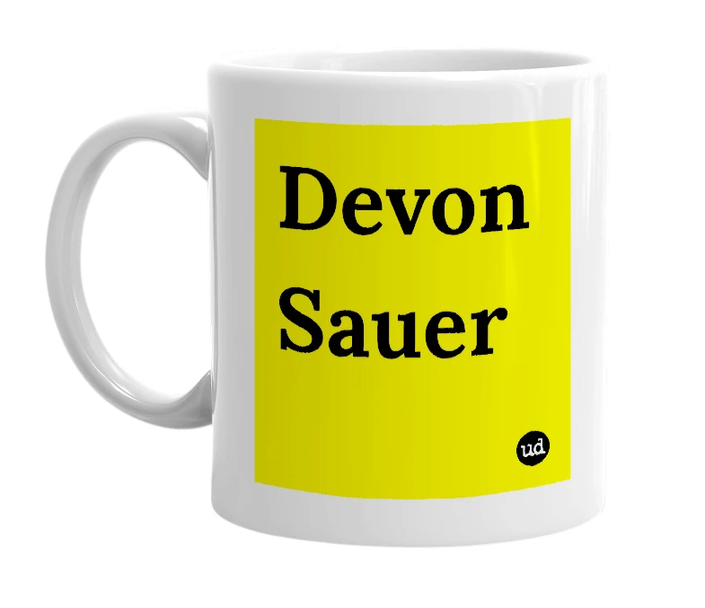 White mug with 'Devon Sauer' in bold black letters