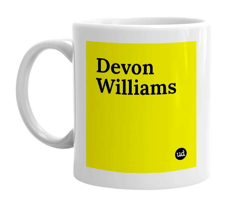 White mug with 'Devon Williams' in bold black letters