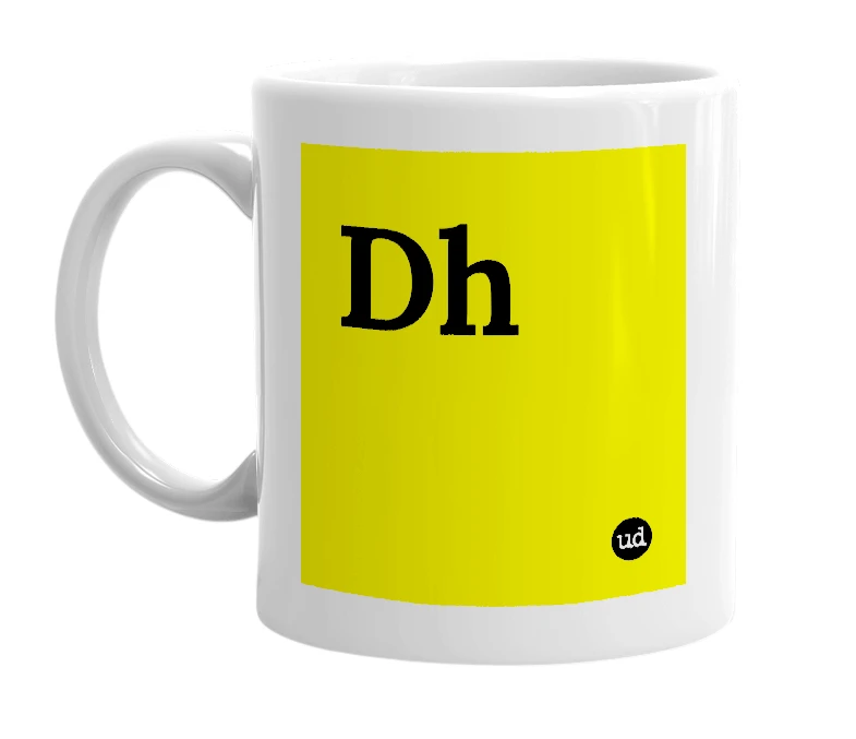 White mug with 'Dh' in bold black letters