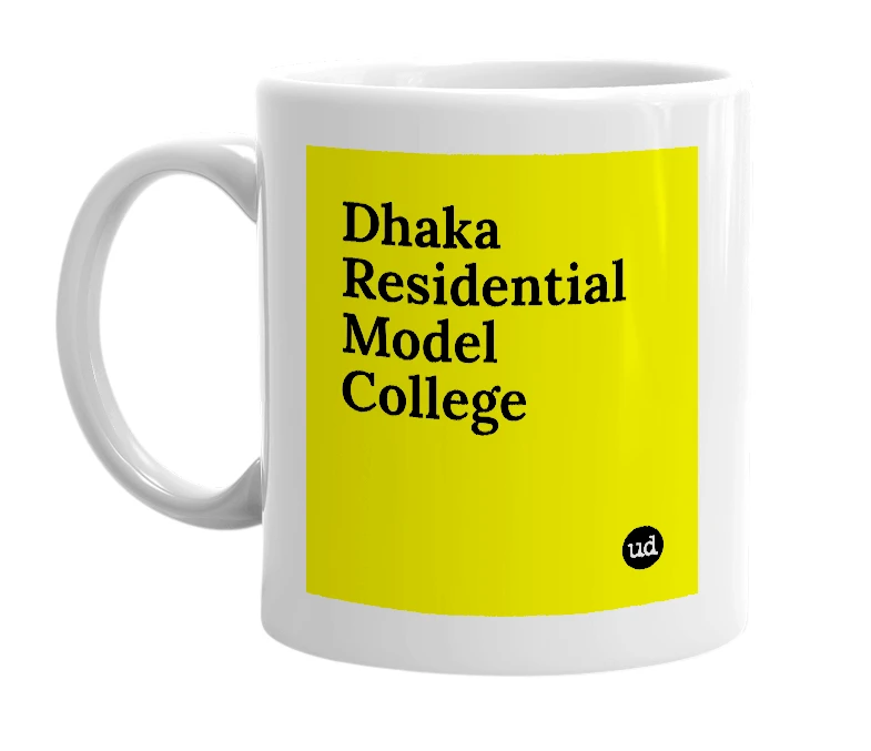 White mug with 'Dhaka Residential Model College' in bold black letters