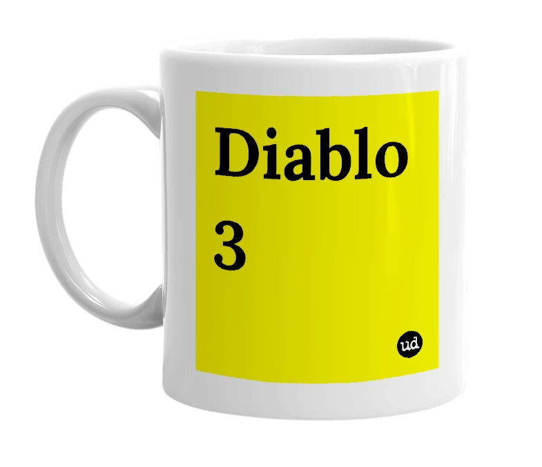 White mug with 'Diablo 3' in bold black letters