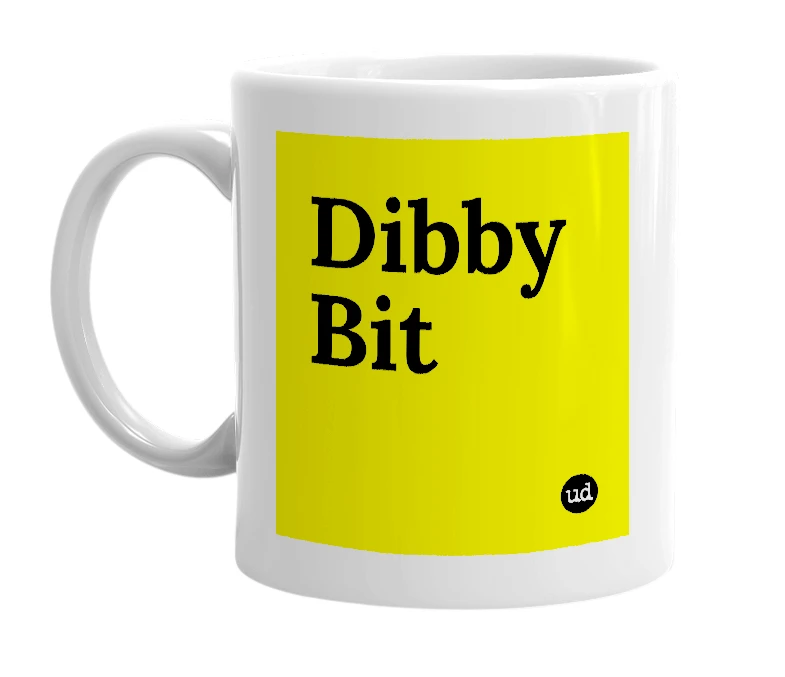 White mug with 'Dibby Bit' in bold black letters