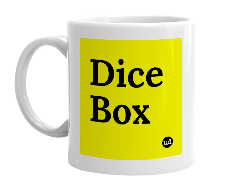 White mug with 'Dice Box' in bold black letters
