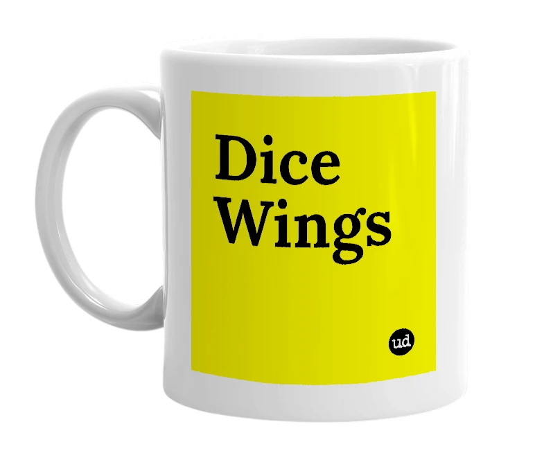 White mug with 'Dice Wings' in bold black letters