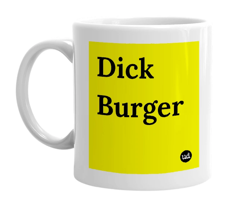 White mug with 'Dick Burger' in bold black letters