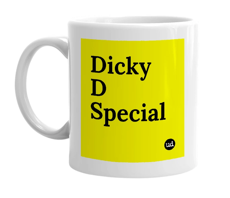 White mug with 'Dicky D Special' in bold black letters