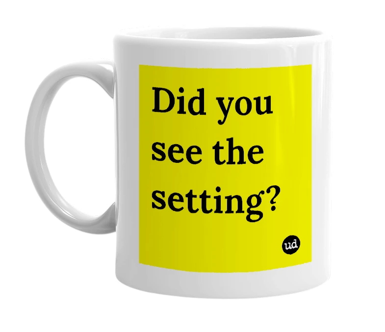 White mug with 'Did you see the setting?' in bold black letters