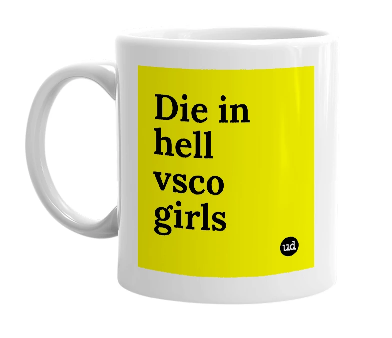 White mug with 'Die in hell vsco girls' in bold black letters