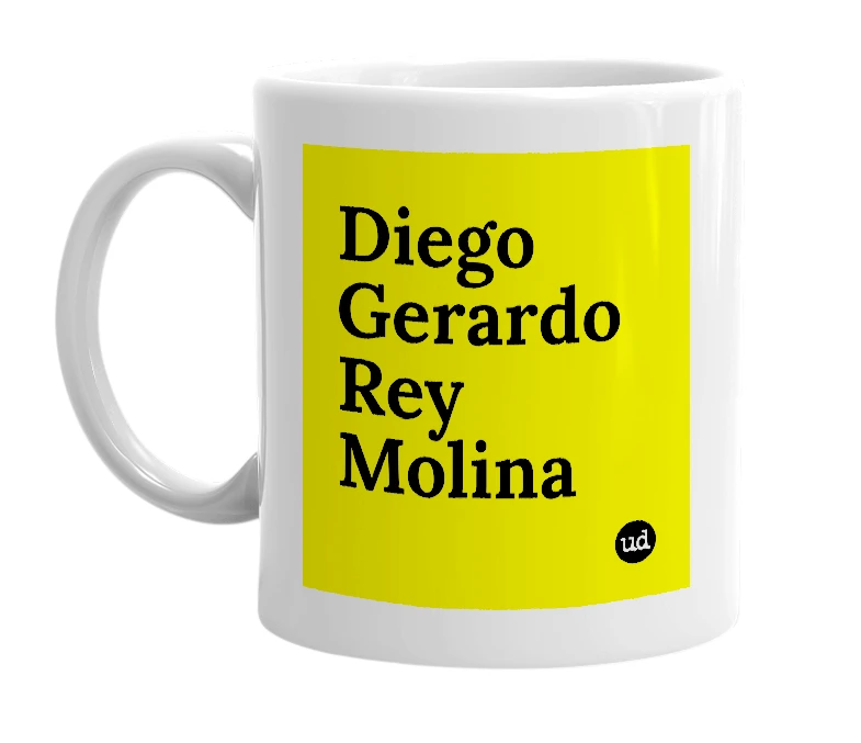 White mug with 'Diego Gerardo Rey Molina' in bold black letters