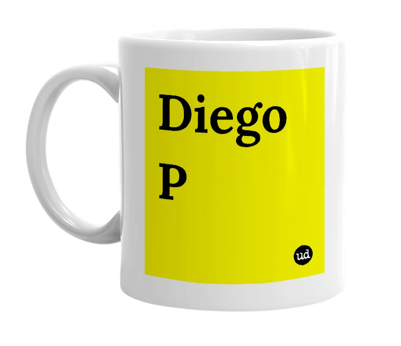 White mug with 'Diego P' in bold black letters
