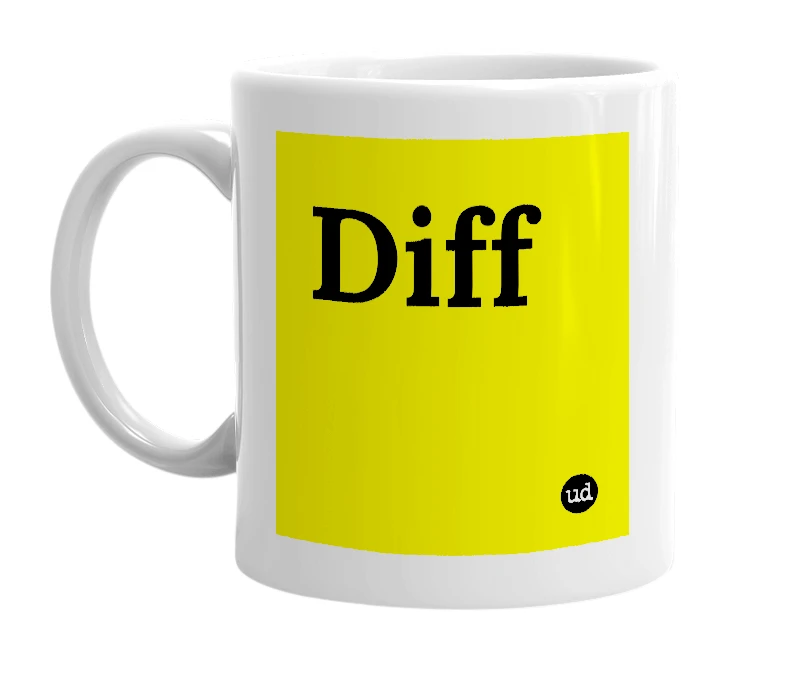 White mug with 'Diff' in bold black letters