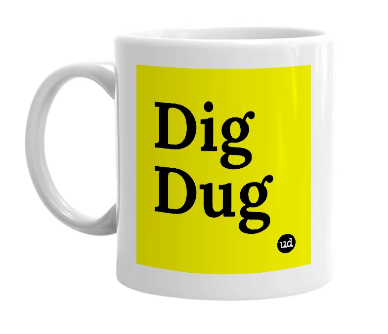 White mug with 'Dig Dug' in bold black letters