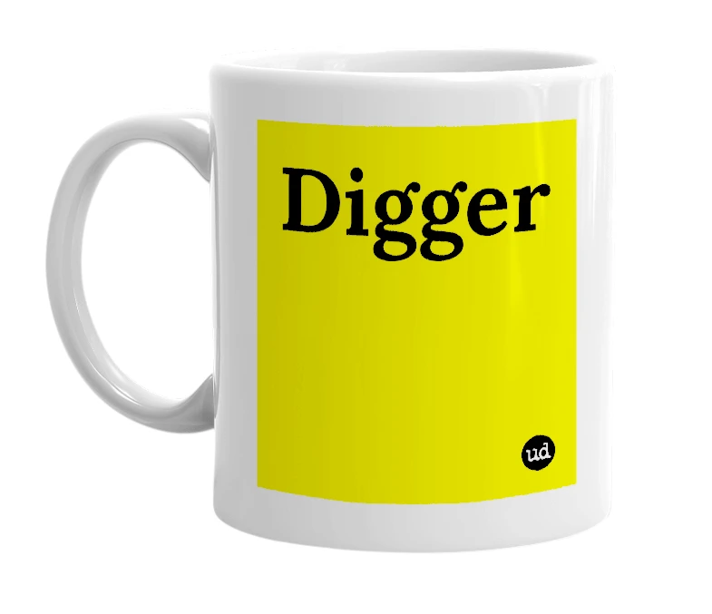 White mug with 'Digger' in bold black letters
