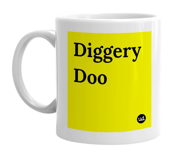 White mug with 'Diggery Doo' in bold black letters