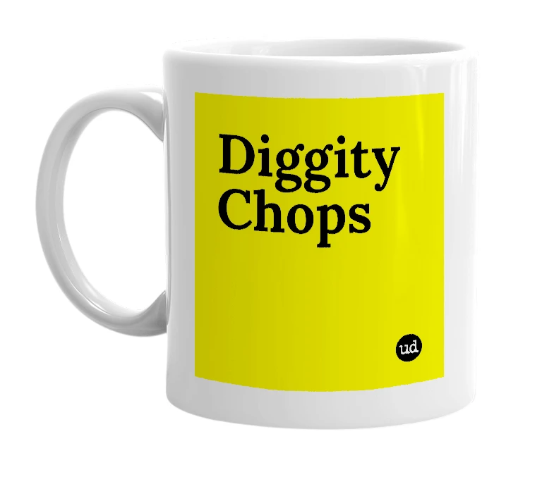 White mug with 'Diggity Chops' in bold black letters