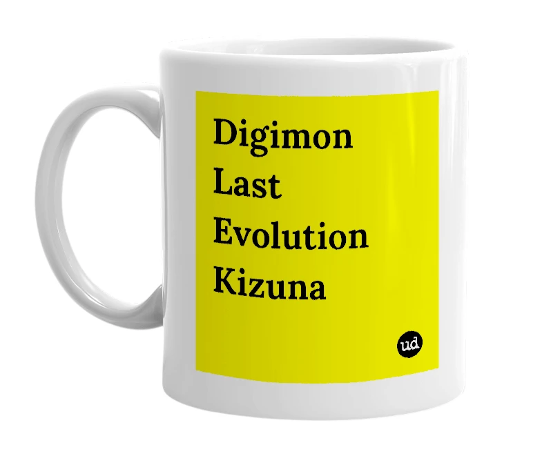 White mug with 'Digimon Last Evolution Kizuna' in bold black letters