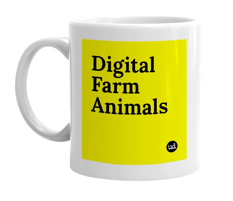 White mug with 'Digital Farm Animals' in bold black letters