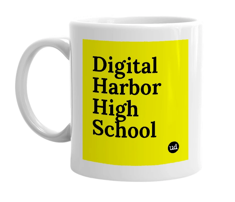 White mug with 'Digital Harbor High School' in bold black letters