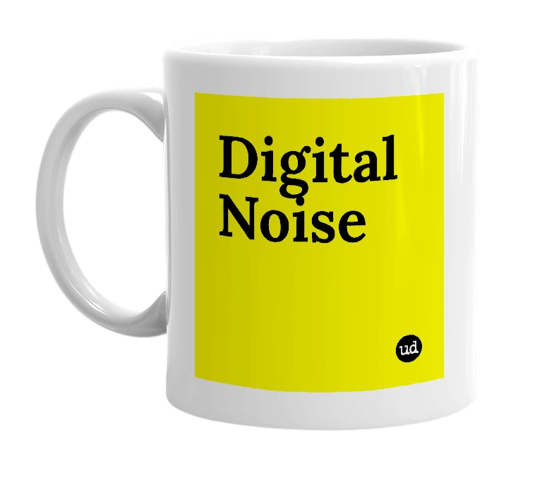 White mug with 'Digital Noise' in bold black letters