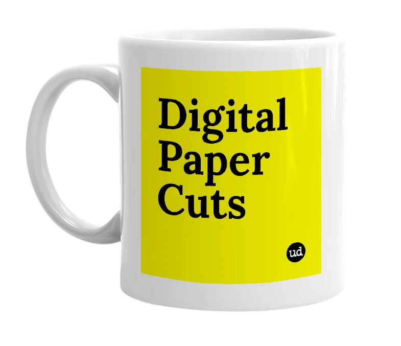 White mug with 'Digital Paper Cuts' in bold black letters