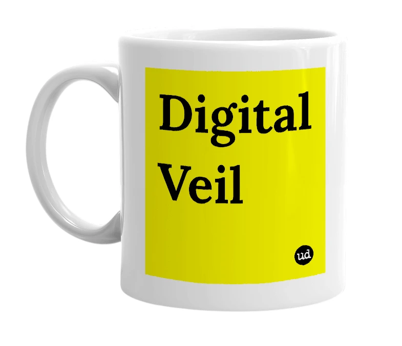 White mug with 'Digital Veil' in bold black letters
