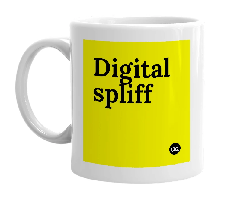 White mug with 'Digital spliff' in bold black letters