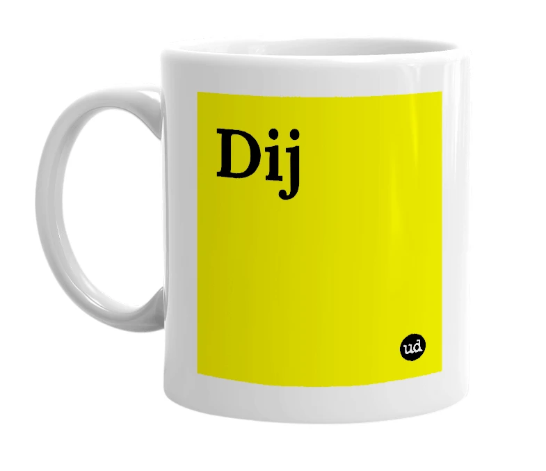 White mug with 'Dij' in bold black letters