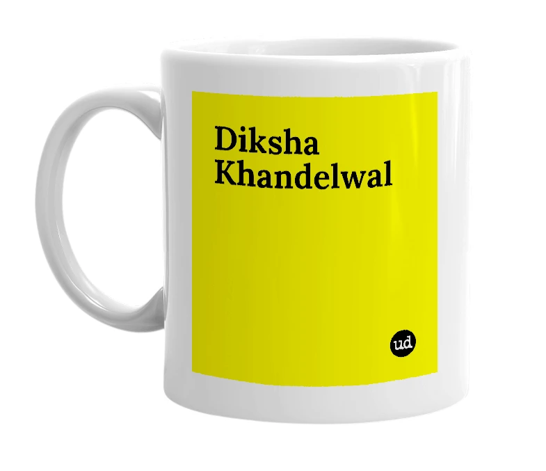 White mug with 'Diksha Khandelwal' in bold black letters