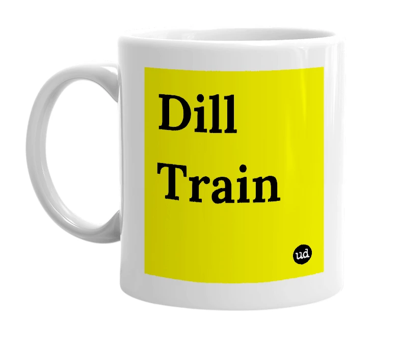 White mug with 'Dill Train' in bold black letters