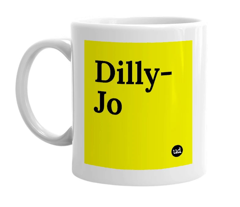 White mug with 'Dilly-Jo' in bold black letters