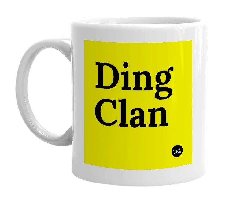 White mug with 'Ding Clan' in bold black letters