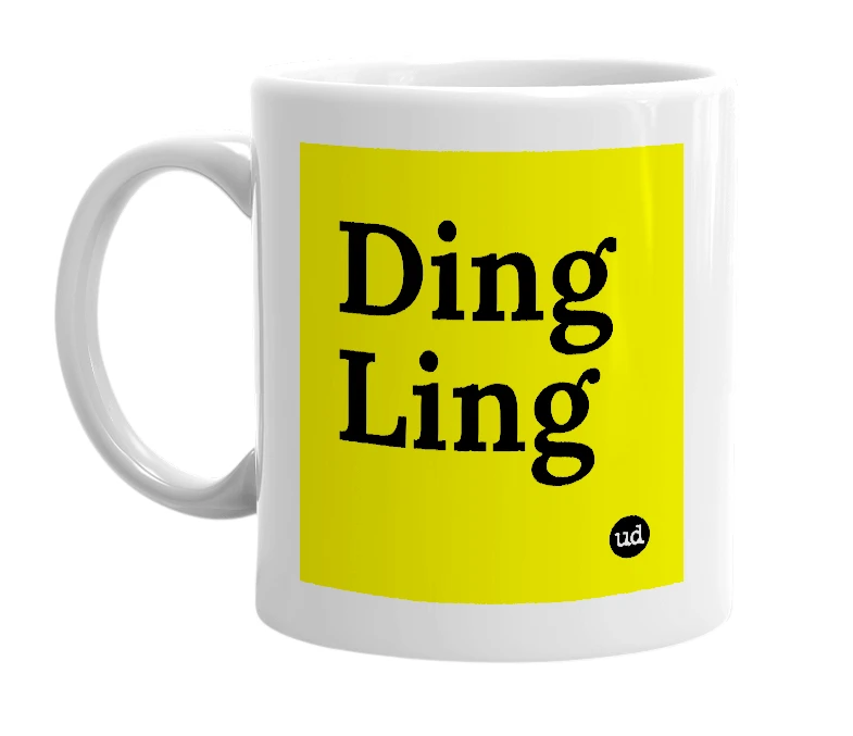 White mug with 'Ding Ling' in bold black letters
