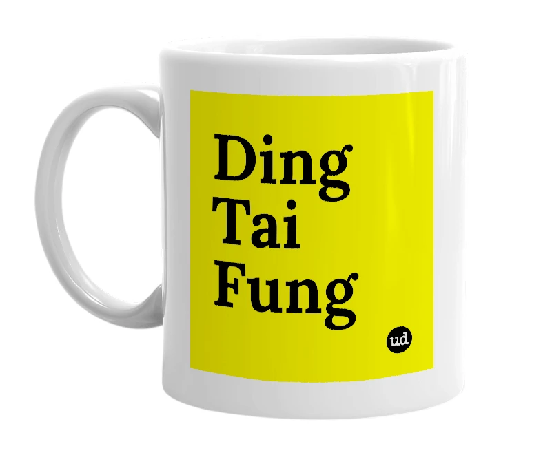 White mug with 'Ding Tai Fung' in bold black letters