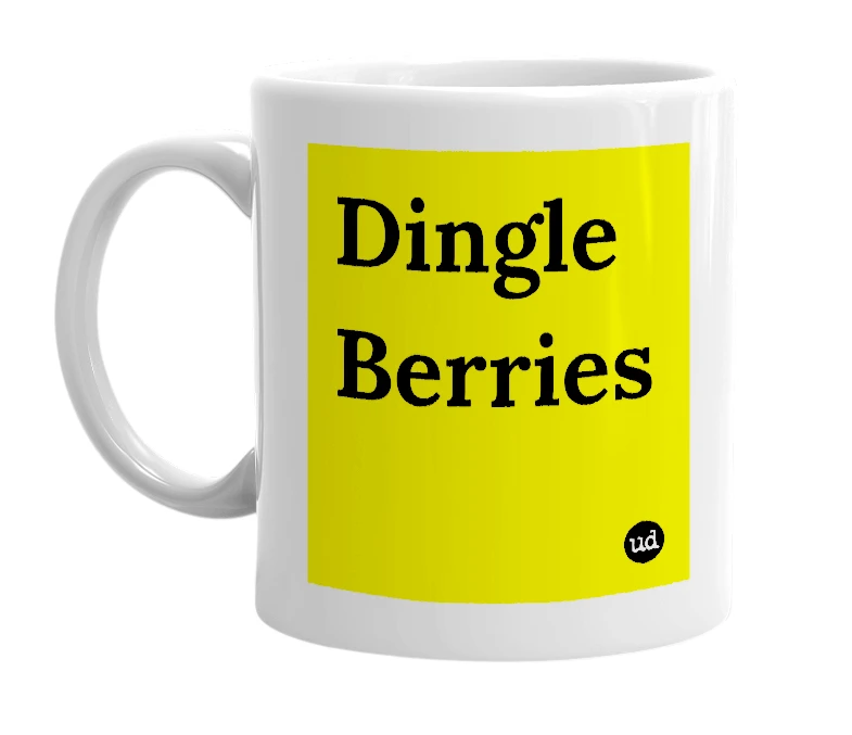 White mug with 'Dingle Berries' in bold black letters