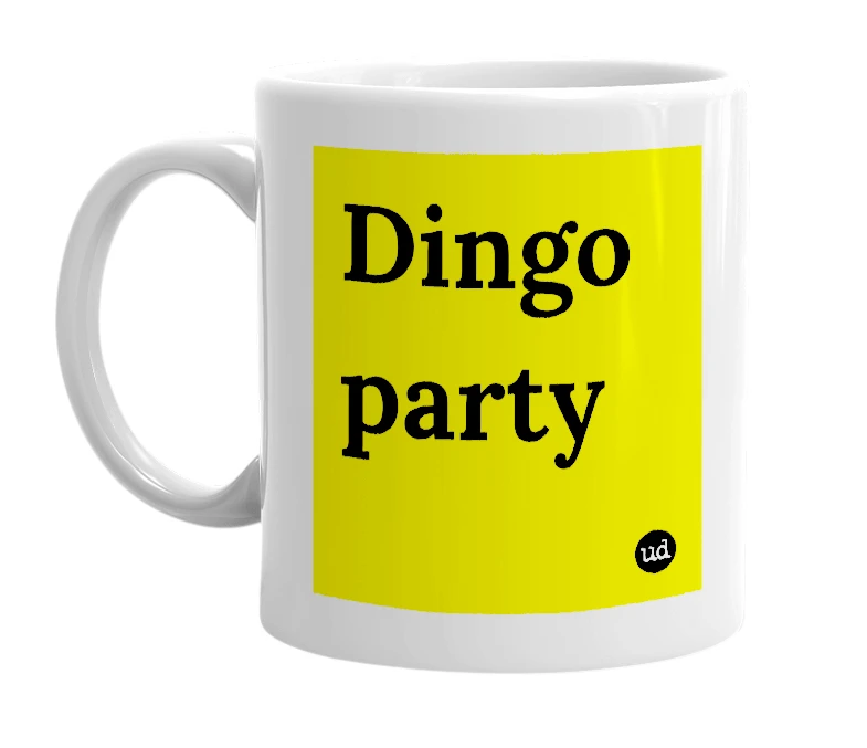 White mug with 'Dingo party' in bold black letters