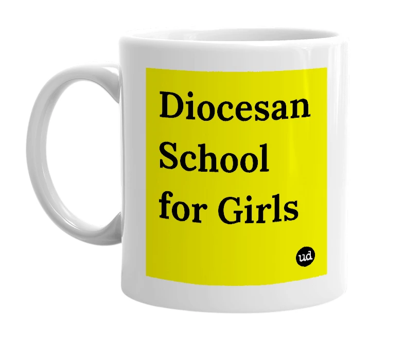 White mug with 'Diocesan School for Girls' in bold black letters