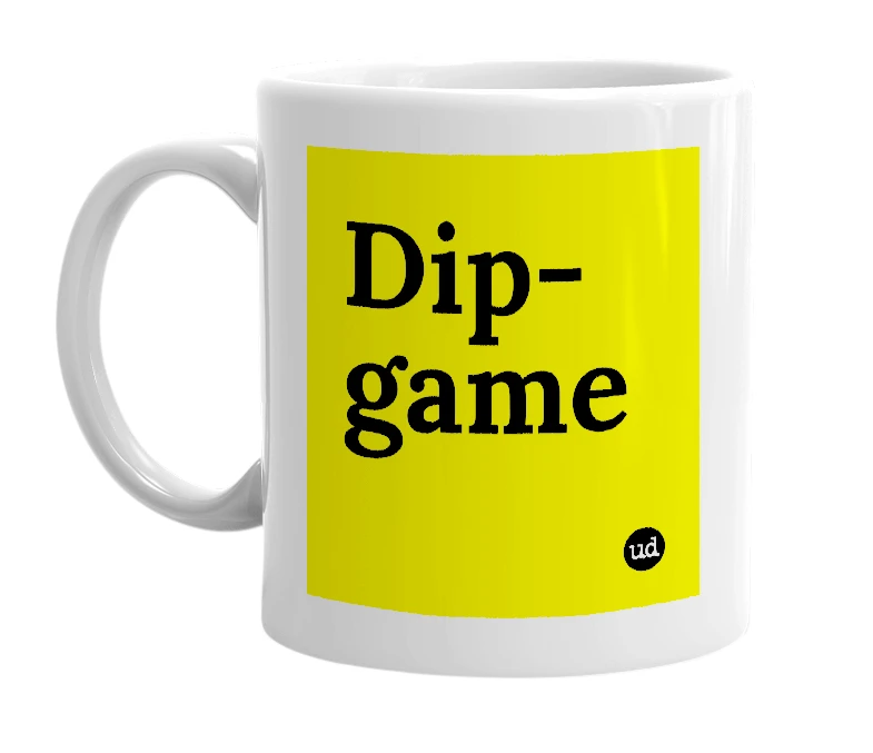 White mug with 'Dip-game' in bold black letters