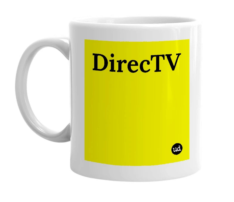 White mug with 'DirecTV' in bold black letters