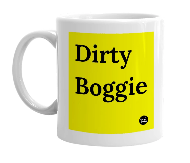 White mug with 'Dirty Boggie' in bold black letters