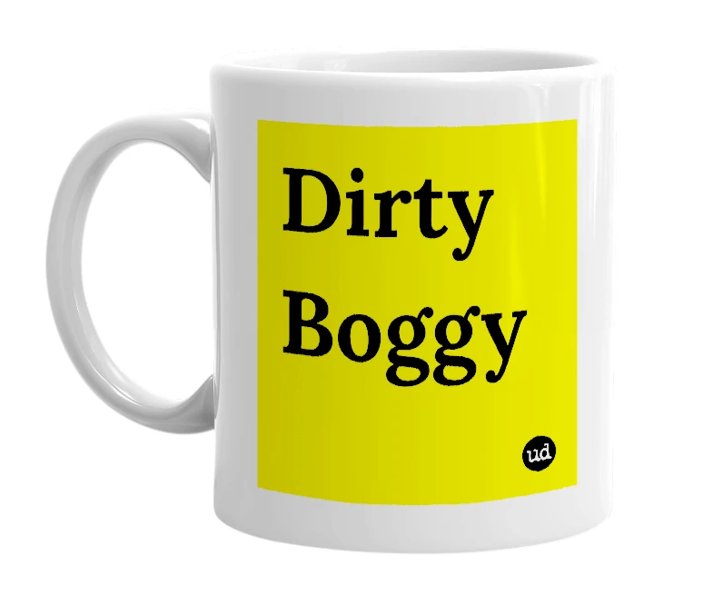 White mug with 'Dirty Boggy' in bold black letters
