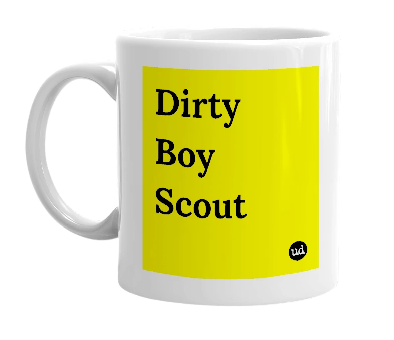 White mug with 'Dirty Boy Scout' in bold black letters