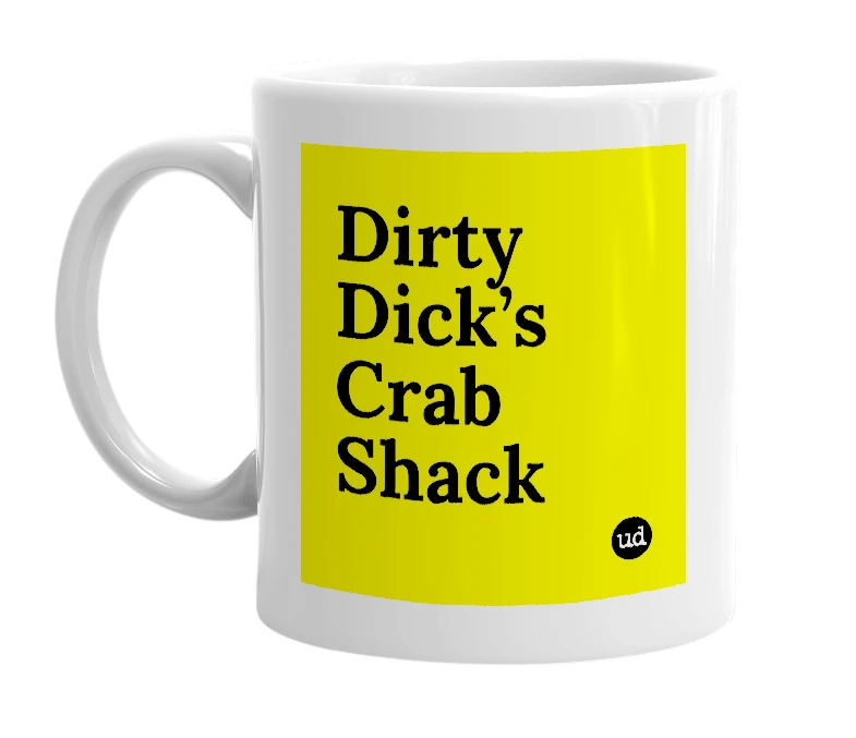 White mug with 'Dirty Dick’s Crab Shack' in bold black letters
