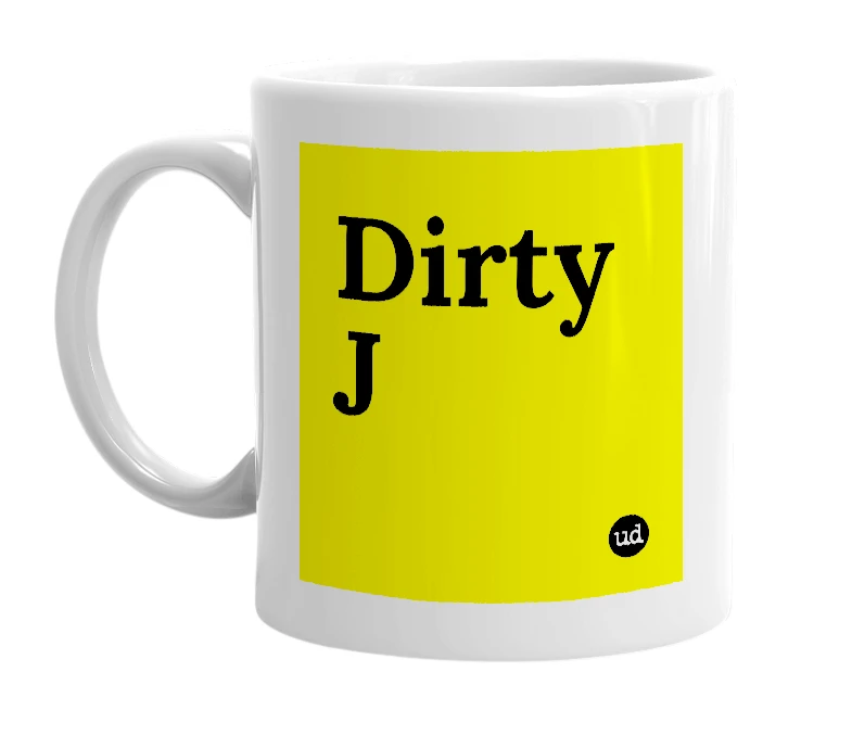 White mug with 'Dirty J' in bold black letters