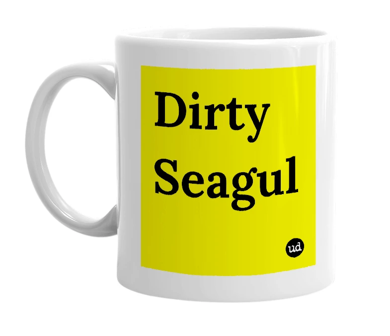 White mug with 'Dirty Seagul' in bold black letters